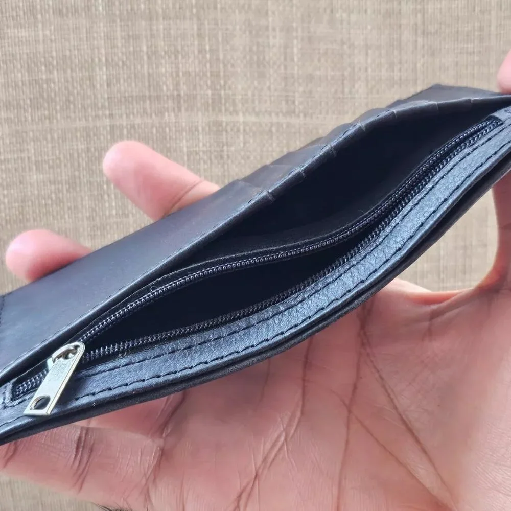 Long Wallet and Keychain Black Genuine Leather Card Holder Keys Holder Fob